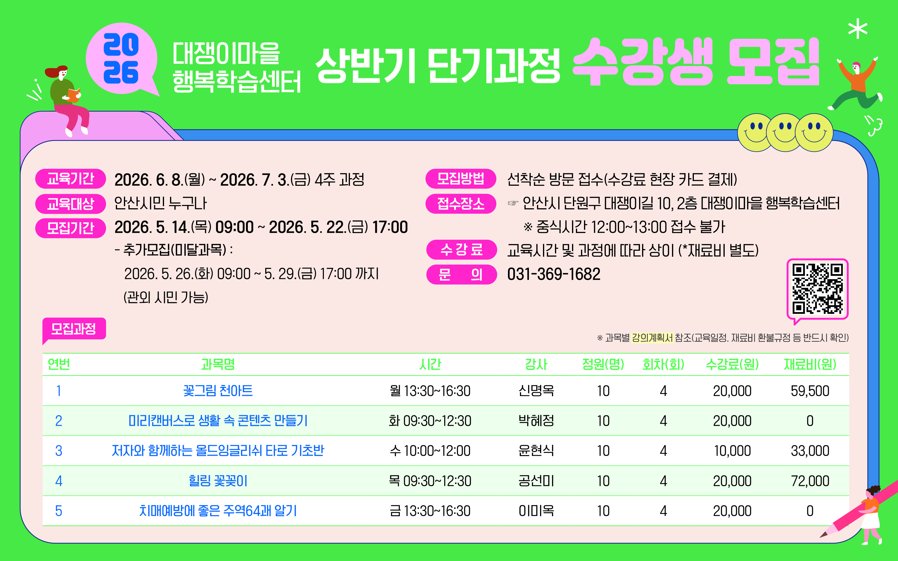 ○ 모집기간 : 2026. 5. 14.(목) 09:00 ~ 5. 22.(금) 17:00
   - 추가접수(미달과목) : 2026. 5. 26.(화) 09:00 ~ 5. 29.(금) 17:00
 ○ 모집방법 : 선착순 방문접수(대쟁이마을 행복학습센터)
 ○ 모집인원 : 5개 과목 / 50명
 ○ 교육기간 : 2026. 6. 8.(월) ~ 7. 3.(금) 4주 과정
 ○ 교육대상 : 안산시민(남‧여 모두 가능)
 ○ 수 강 료 : 교육시간 및 과정에 따라 상이(재료비 별도)
 ○ 문       의 : 031-369-1682  
 ○ 블 로 그 : blog.naver.com/ansan_learning 